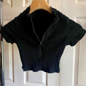 Black Ribbed Zip-Up Crop Top